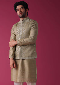 Gold Toned Jacket Kurta Set In Silk With Mirror Work