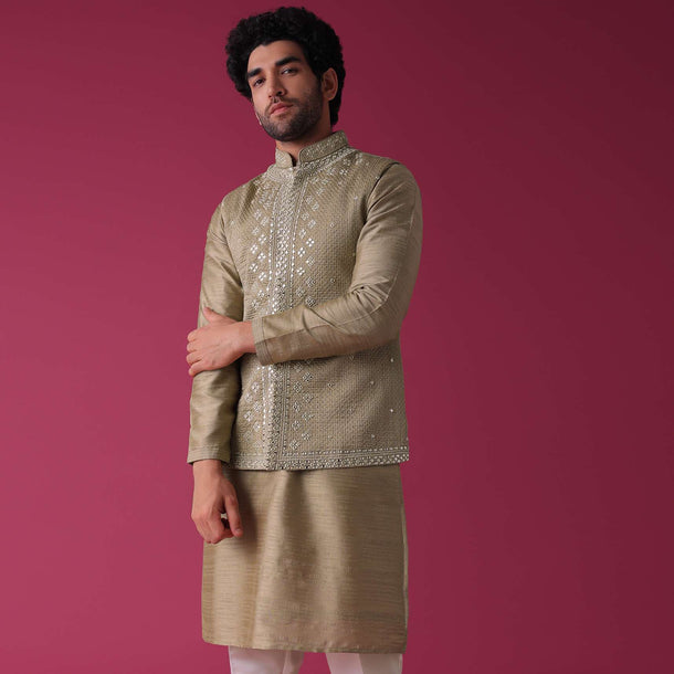 Gold Toned Jacket Kurta Set In Silk With Mirror Work