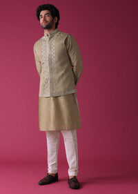 Gold Toned Jacket Kurta Set In Silk With Mirror Work