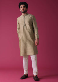 Gold Toned Jacket Kurta Set In Silk With Mirror Work