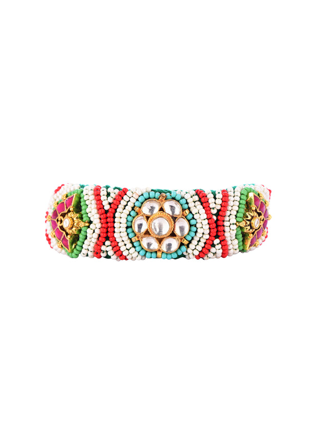 Gold Toned Pachi Kundan Bracelet With Emerald And Ruby