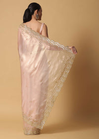 Gold Toned Tissue Saree With Cut Dana Embroidered Borders