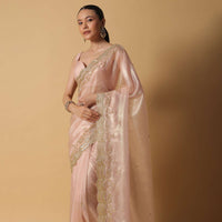 Gold Toned Tissue Saree With Cut Dana Embroidered Borders