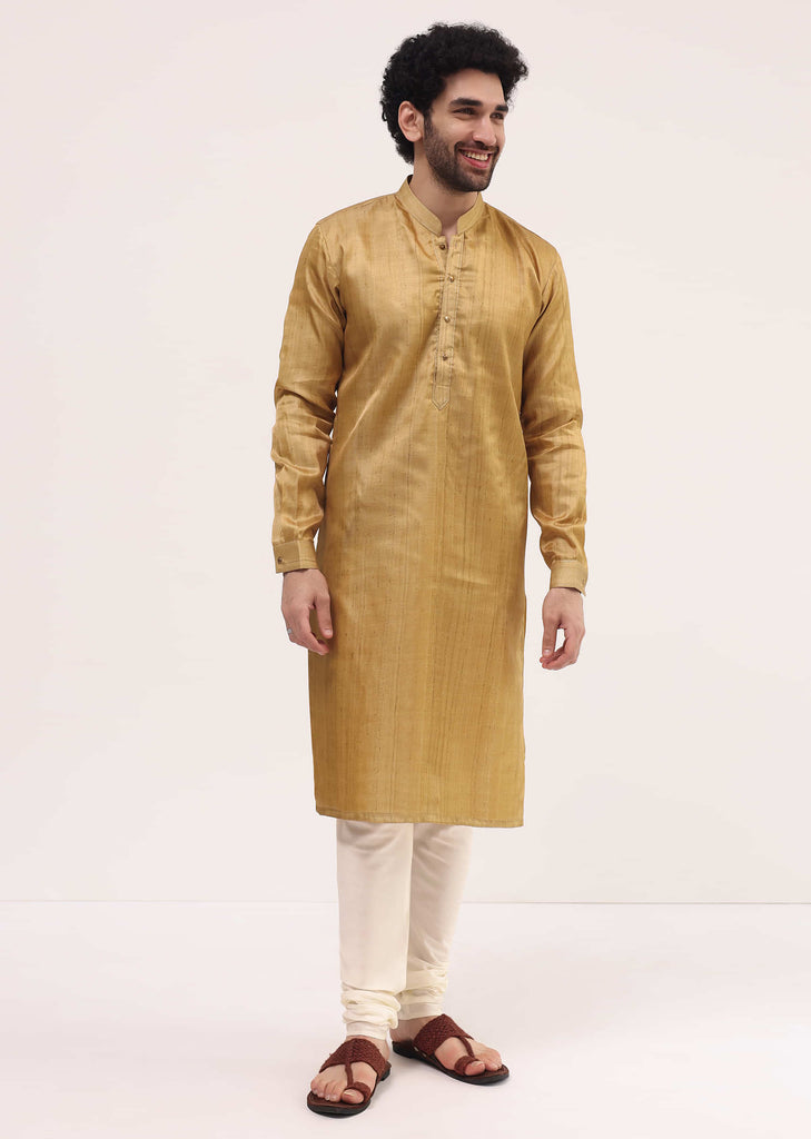 Gold Tussar Silk Kurta Pyjama For Men