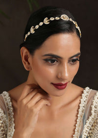 Gold Varini Headband With Severl Kundan Units Lined With Pearls By Paisley Pop