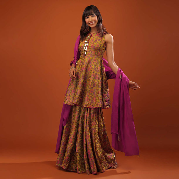 Multicolor Banarasi Brocade Peplum Sharara Suit With Woven Floral Motifs And Tassels