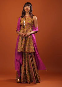 Multicolor Banarasi Brocade Peplum Sharara Suit With Woven Floral Motifs And Tassels