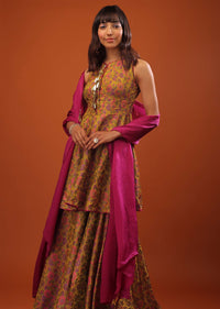 Multicolor Banarasi Brocade Peplum Sharara Suit With Woven Floral Motifs And Tassels