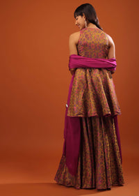 Multicolor Banarasi Brocade Peplum Sharara Suit With Woven Floral Motifs And Tassels