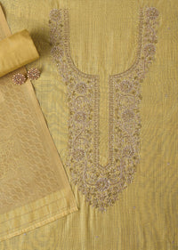 Gold Yellow Zari Embroidered Chanderi Top With Woven Banarasi Dupatta Unstitched Dress Material