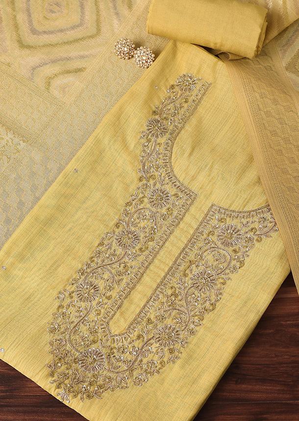 Gold Yellow Zari Embroidered Chanderi Top With Woven Banarasi Dupatta Unstitched Dress Material