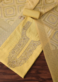 Gold Yellow Zari Embroidered Chanderi Top With Woven Banarasi Dupatta Unstitched Dress Material