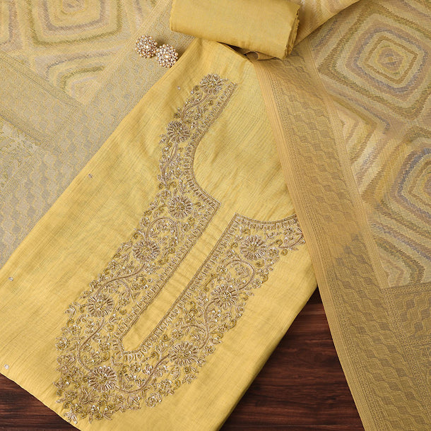 Gold Yellow Zari Embroidered Chanderi Top With Woven Banarasi Dupatta Unstitched Dress Material