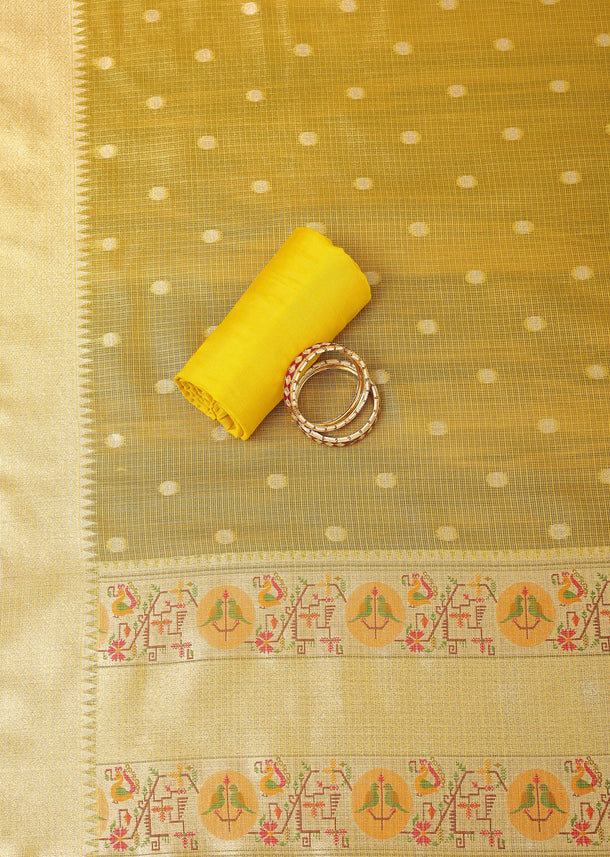 Gold Yellow Paithani Woven Silk Dress Material