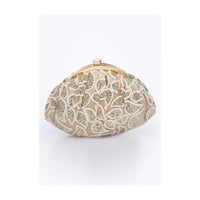 Golden beige embroidered net clutch in paisley motif only on Kalki