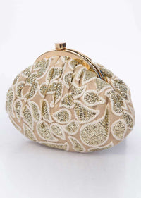 Golden beige embroidered net clutch in paisley motif only on Kalki