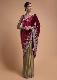 Golden Beige Half And Half Saree With Cherry Red Pallu In Velvet Online - Kalki Fashion