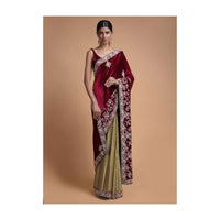 Golden Beige Half And Half Saree With Cherry Red Pallu In Velvet Online - Kalki Fashion