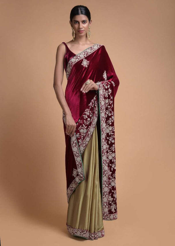 Golden Beige Half And Half Saree With Cherry Red Pallu In Velvet Online - Kalki Fashion