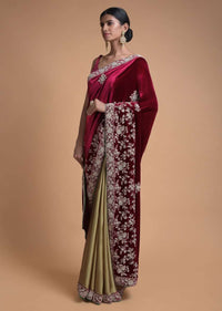 Golden Beige Half And Half Saree With Cherry Red Pallu In Velvet Online - Kalki Fashion