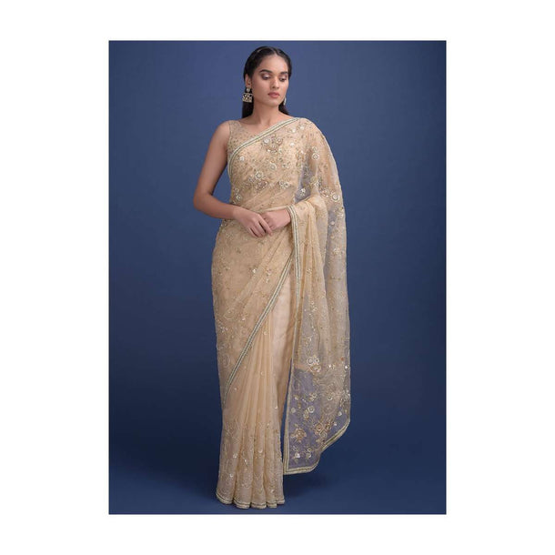 Golden Beige Saree In Organza Embellished In Floral Pattern And Buttis Online - Kalki Fashion