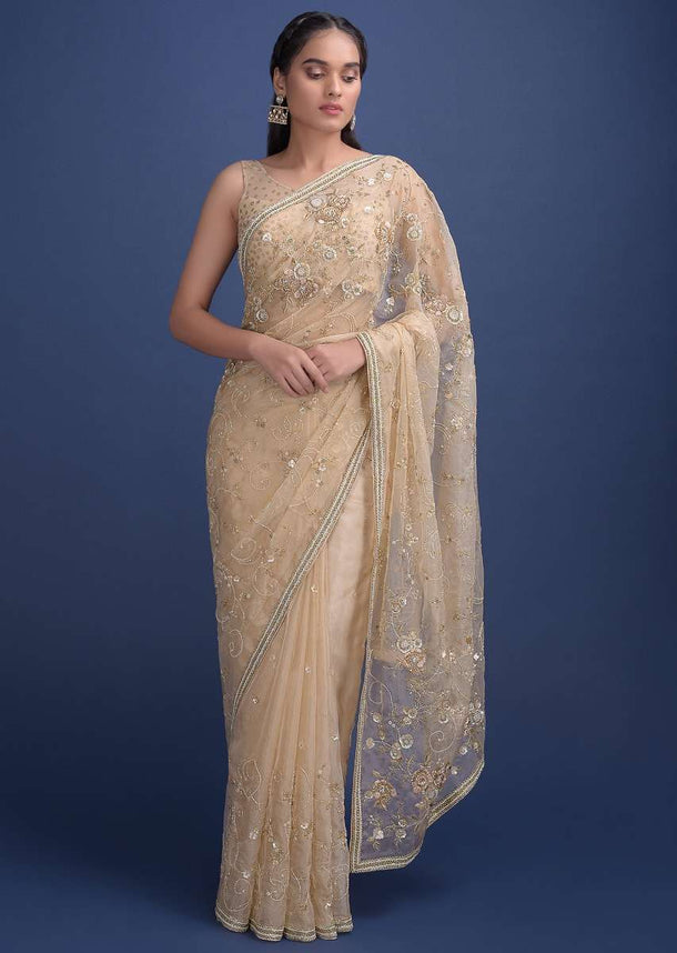 Golden Beige Saree In Organza Embellished In Floral Pattern And Buttis Online - Kalki Fashion