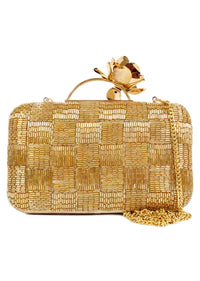 Golden Box Clutch With Cut Dada Work In Checks Design And 3D Flower On The Handle Online - Kalki Fashion