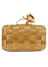 Golden Box Clutch With Cut Dada Work In Checks Design And 3D Flower On The Handle Online - Kalki Fashion