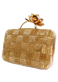 Golden Box Clutch With Cut Dada Work In Checks Design And 3D Flower On The Handle Online - Kalki Fashion