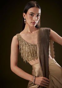 Golden Brown Saree With Resham Scallop Border