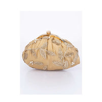 Golden clasp closure fabric clutch embellished in lace and pearl only on Kalki