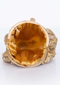 Golden clasp closure fabric clutch embellished in lace and pearl only on Kalki