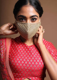 Golden Face Mask In Embroidered Mesh Fabric With Golden Piping Online - Kalki Fashion