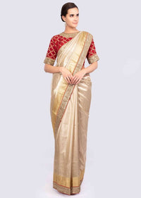 Golden Saree In Linen With Contrasting Red Brocade Silk Blouse Online - Kalki Fashion