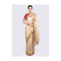 Golden Saree In Linen With Contrasting Red Brocade Silk Blouse Online - Kalki Fashion