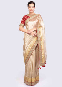 Golden Saree In Linen With Contrasting Red Brocade Silk Blouse Online - Kalki Fashion