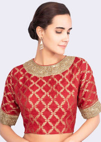 Golden Saree In Linen With Contrasting Red Brocade Silk Blouse Online - Kalki Fashion