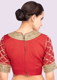 Golden Saree In Linen With Contrasting Red Brocade Silk Blouse Online - Kalki Fashion