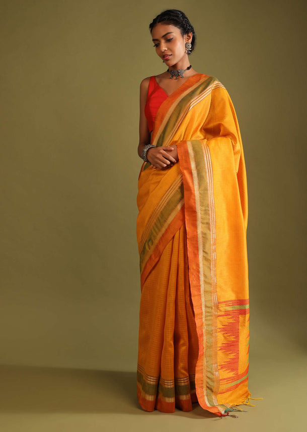 Golden Oak Yellow Saree In Tussar Silk With Multi Colored Thread Embroidered Abstract Design On The Pallu