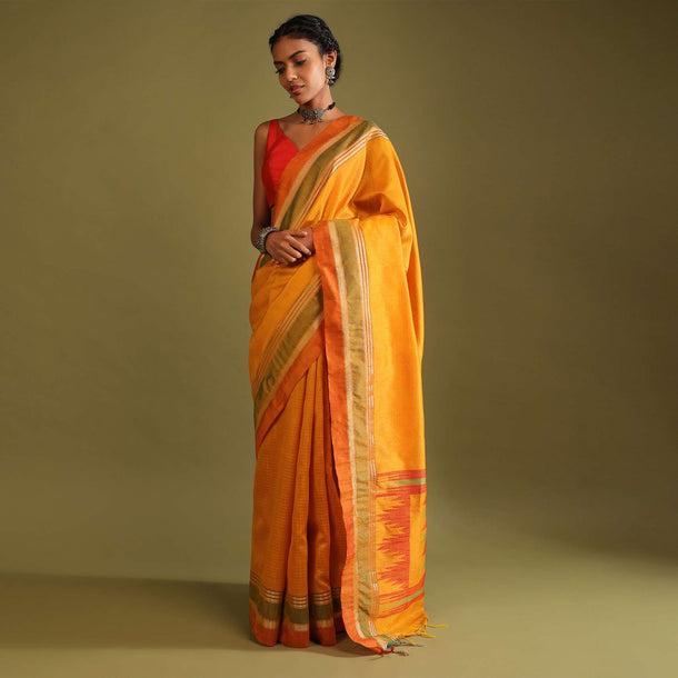 Golden Oak Yellow Saree In Tussar Silk With Multi Colored Thread Embroidered Abstract Design On The Pallu