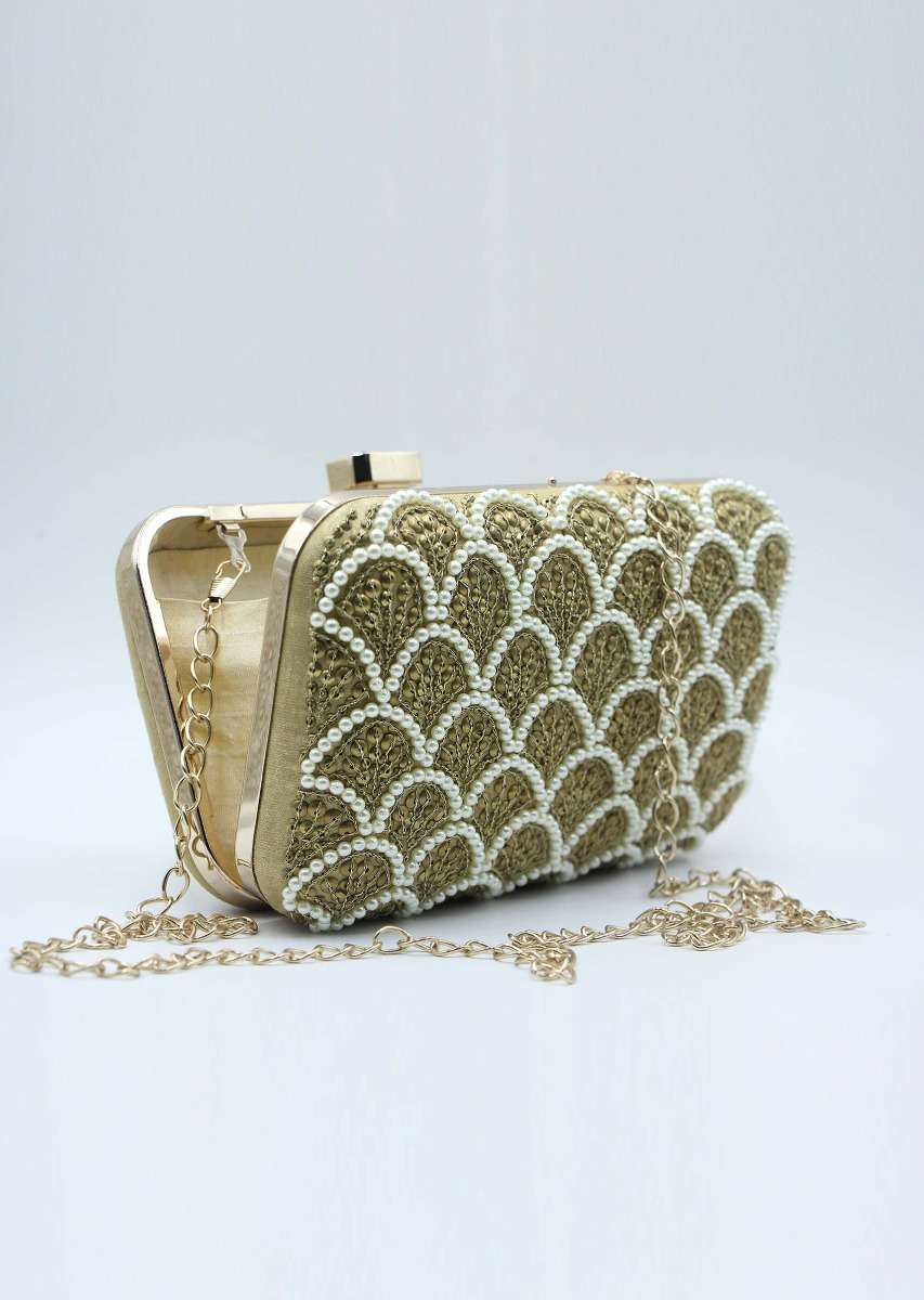 Golden pearl beaded embroidered square box clutch