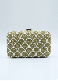 Golden pearl beaded embroidered square box clutch only on Kalki