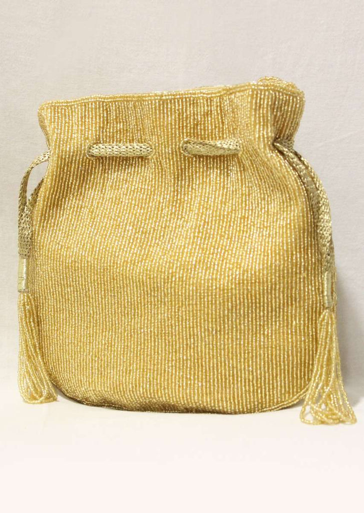 Golden Potli In Raw Silk With Japanese Bugle Beads Embroidered Scallop Design Online - Kalki Fashion