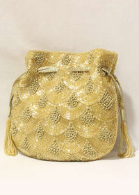 Golden Potli In Raw Silk With Japanese Bugle Beads Embroidered Scallop Design Online - Kalki Fashion