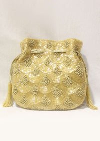 Golden Potli In Raw Silk With Japanese Bugle Beads Embroidered Scallop Design Online - Kalki Fashion