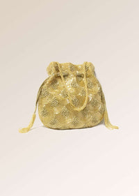Golden Potli In Raw Silk With Japanese Bugle Beads Embroidered Scallop Design Online - Kalki Fashion