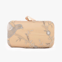 Golden Rounded Box Clutch With Embroidered Net Adorned In Moti Beads And Zari In Bird Motifs Online - Kalki Fashion