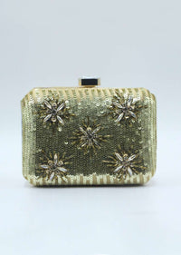 Golden sequins hand embroidered hexagonal box clutch only on Kalki