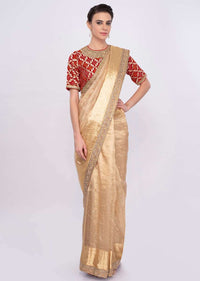 Golden Sheer Saree In Silk With Embroidered Border Online - Kalki Fashion