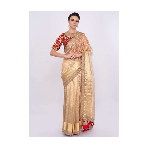 Golden Sheer Saree In Silk With Embroidered Border Online - Kalki Fashion